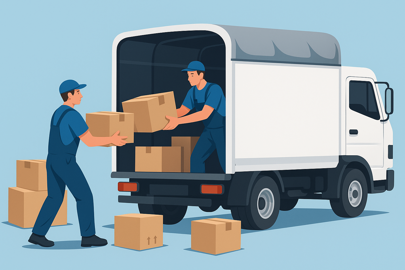 Professional movers loading boxes into a covered truck
